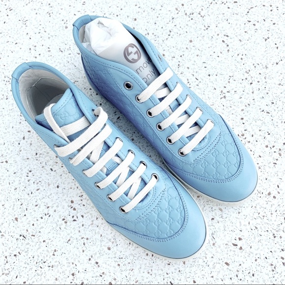 NIB Authentic Gucci Guccissima GG Leather Hightop Laceup Sneaker Blue 35.5 - Picture 2 of 7